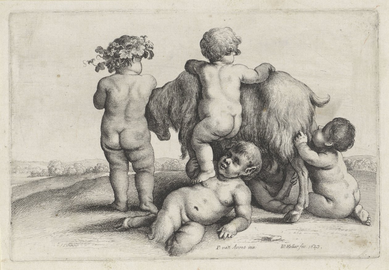 Dört erkek, bir satir ve bir keçi Putti ve Satyrs (dizi başlığı) by Wenceslaus Hollar