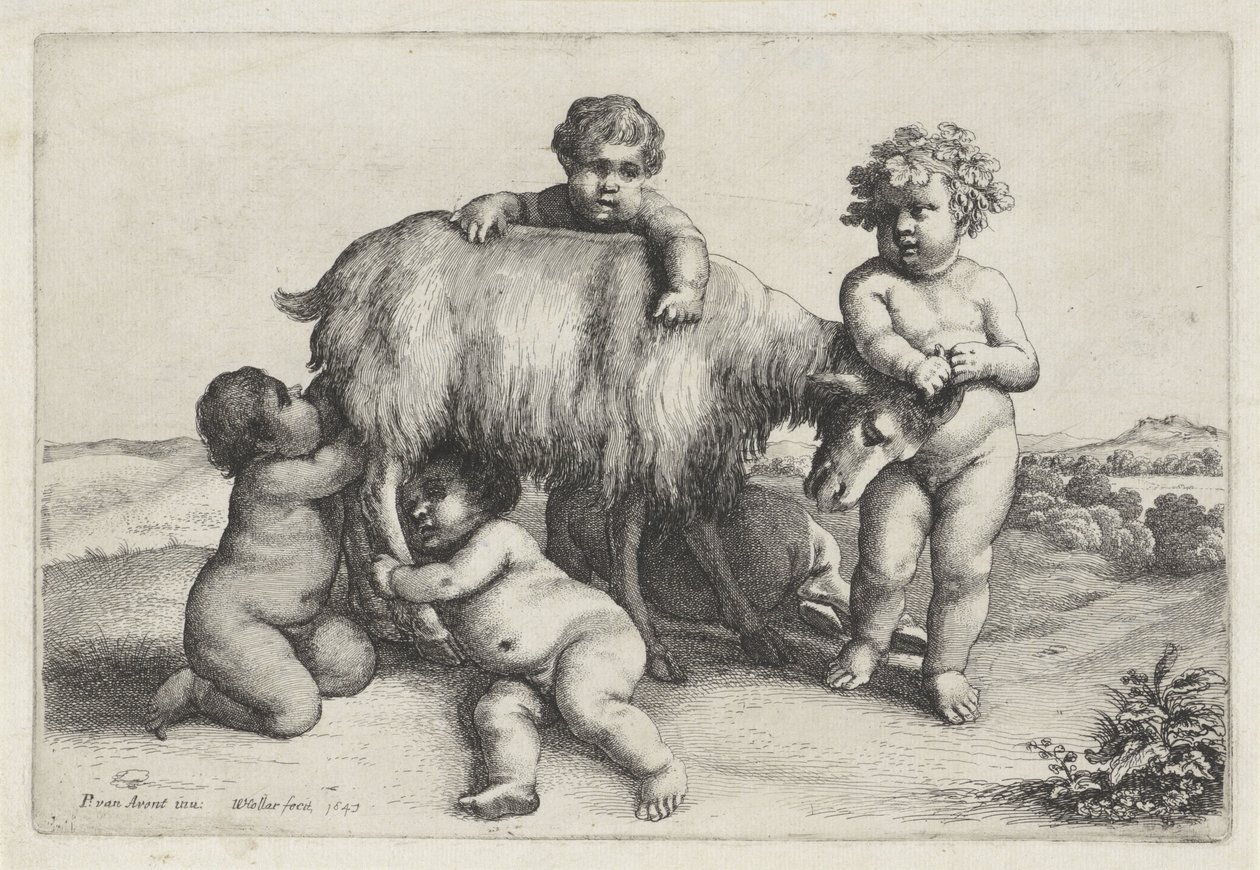 Dört erkek, satir ve sağda duran bir keçi Putti ve Satyrs (dizi başlığı) by Wenceslaus Hollar