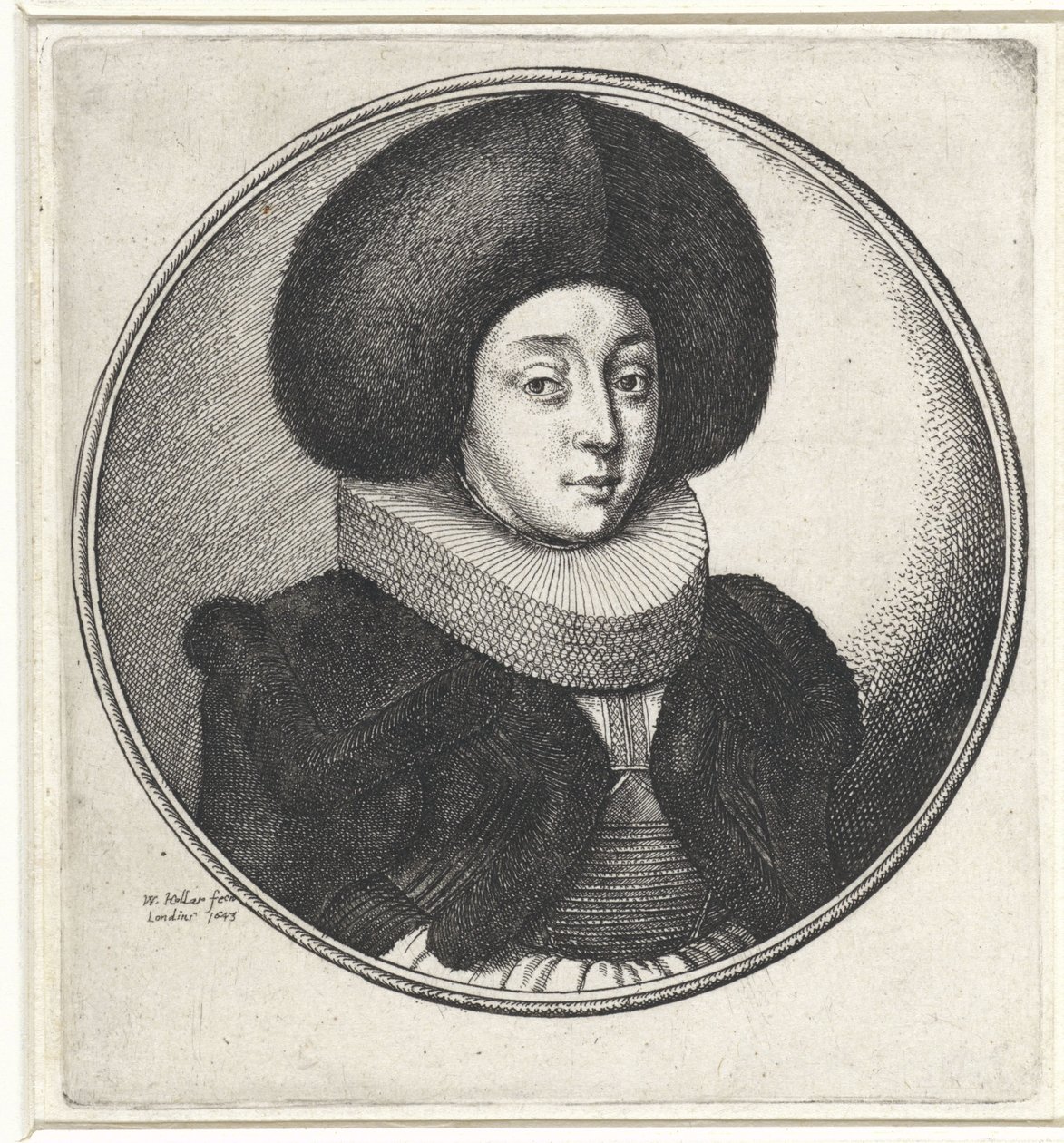 Fırfır yakalı ve büyük kürk şapkalı kadın Kadın büstleri olan madalyonlar (seri başlığı) by Wenceslaus Hollar