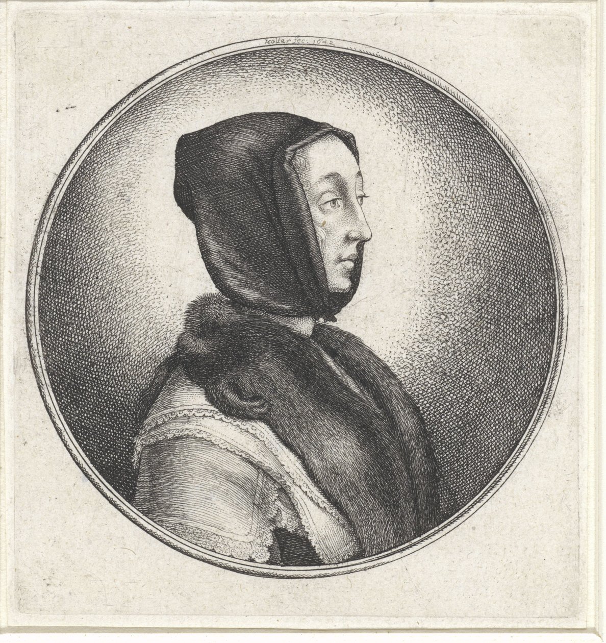 Siyah başörtülü ve kürklü kadın çaldı Kadın büstleri olan madalyonlar (seri başlığı) by Wenceslaus Hollar