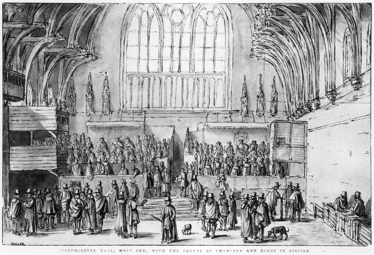 Westminster Hall, West End, Kançılarya Mahkemeleri ve Oturumda Krallar by Wenceslaus Hollar