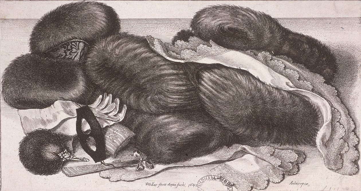 Manşonlar, eldivenler ve mendiller dahil bir kadın için kışlık giysiler, 1647 by Wenceslaus Hollar