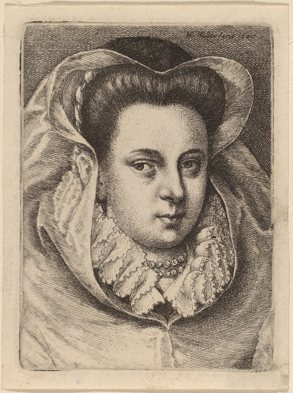 Beyaz Peçeli ve Siyah Şapkalı Kadın (Mary Stuart?) by Wenceslaus Hollar