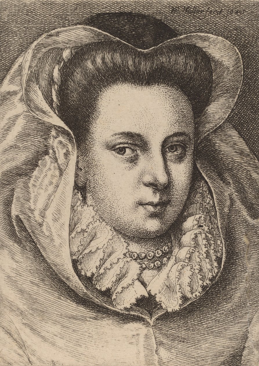 Beyaz Peçeli ve Siyah Şapkalı Kadın Mary Stuart, 1645. by Wenceslaus Hollar