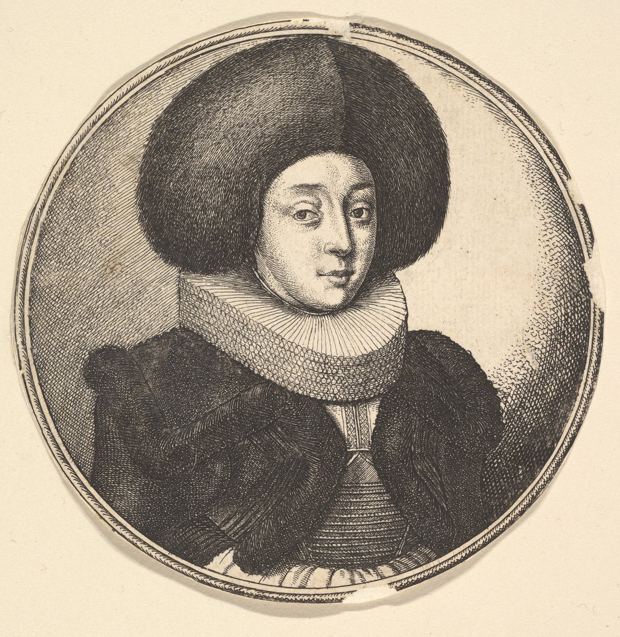 Büyük yuvarlak kürk şapkalı ve dantel fırfırlı kadın, 1645. by Wenceslaus Hollar