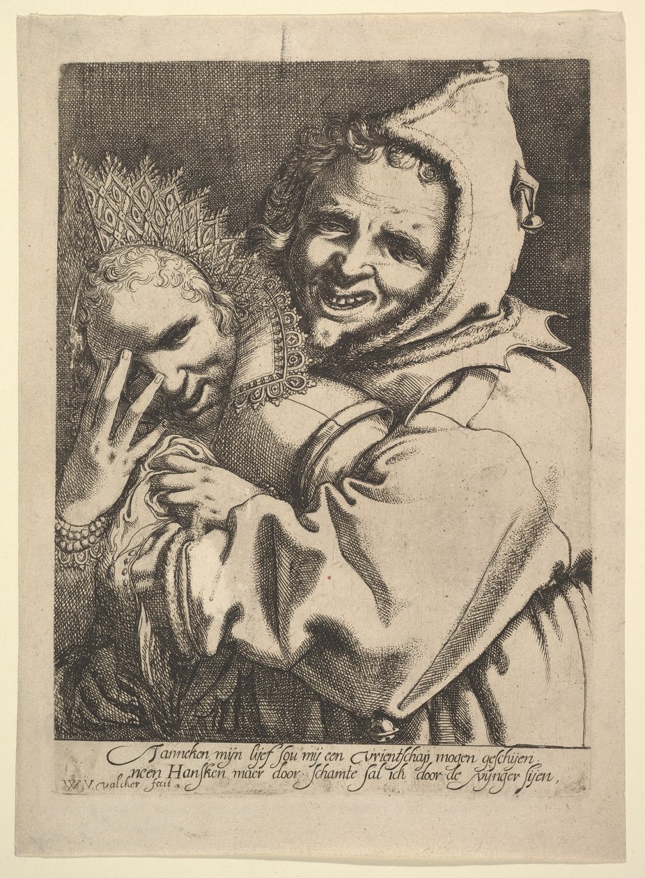 Parmaklarının arasından bakan bir kızla aptal. by Werner Jacobsz. van den Valckert