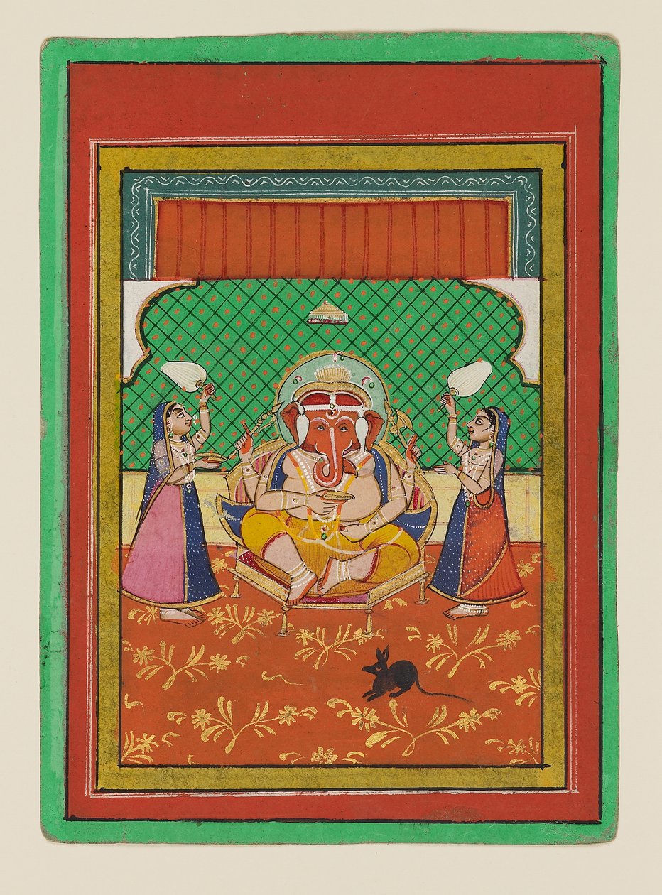 Görevlilerle birlikte oturan Ganesha, 19. yüzyılın sonları-20. yüzyılın başları (kağıt üzerine guaş) by West Indian School