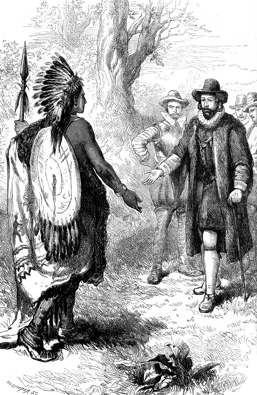 John Winthrop, Massachusetts, c1630s c1880 tarafından bir Narragansett savaşçısının resepsiyonu by Whymper