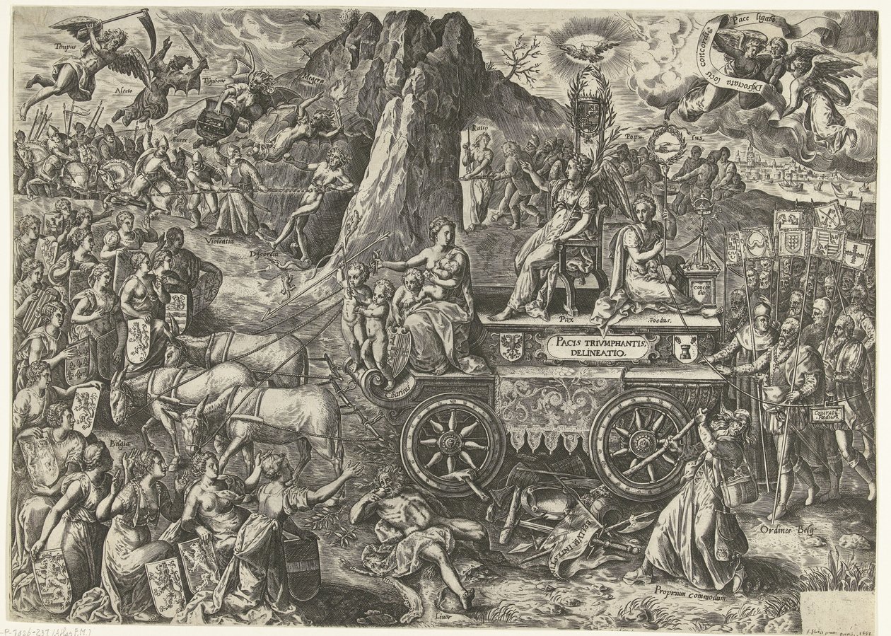 De triomfwagen van de vrede, 1577 Muzaffer barışın bir taslağı (nesne üzerindeki başlık) by Wierix