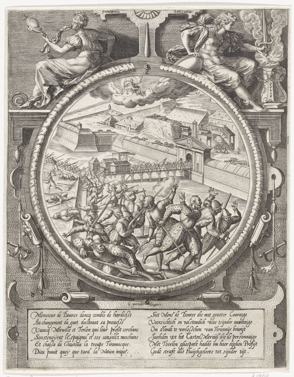 Bourse birlikleri, Treslong ve Merville'in Alman askerlerini kaleden kovdu, 1577 Madalyonları, 1577'de Antwerp kalesinin ele geçirilmesiyle (dizi adı) by Wierix