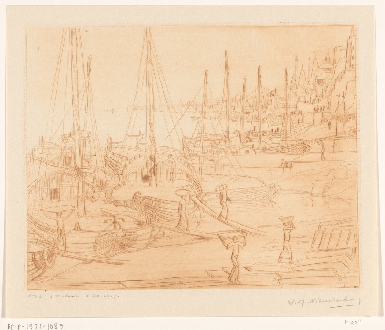 Benares'te Ganj kıyısında demirleyen gemiler Boşaltma Gemileri II (orijinal başlık) by Wijnand Otto Jan Nieuwenkamp (signed by artist)