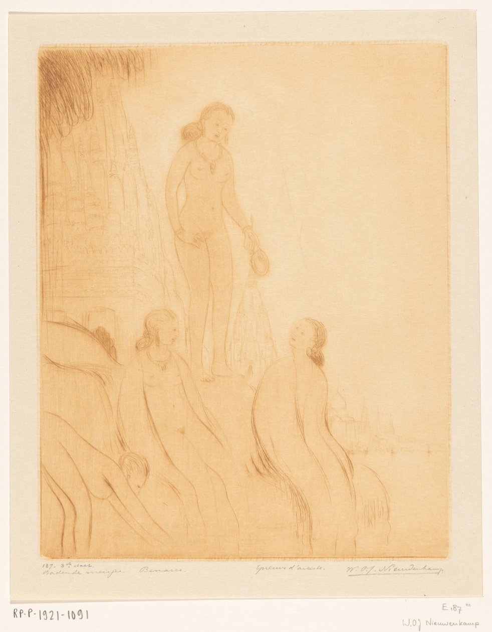 Benares'te Ganj kıyısında yıkanan kızlar Banyo yapan kızlar (orijinal başlık) by Wijnand Otto Jan Nieuwenkamp (signed by artist)