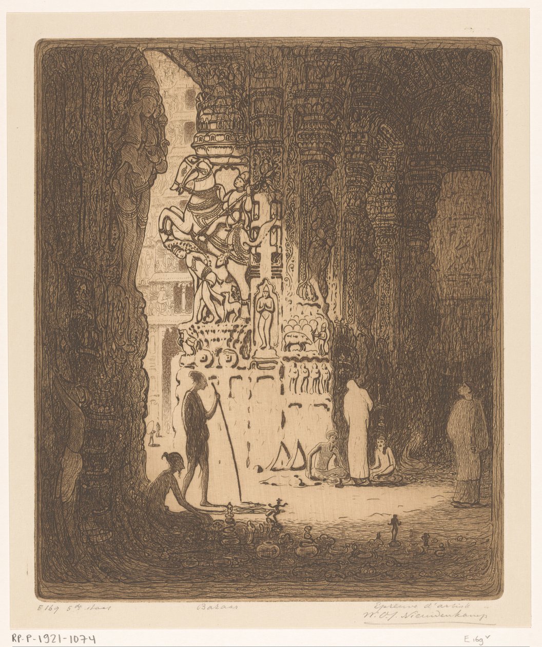 Madurai Bazaar, Madura'da bir çarşıda heykel sütunları (orijinal başlık) by Wijnand Otto Jan Nieuwenkamp (signed by artist)
