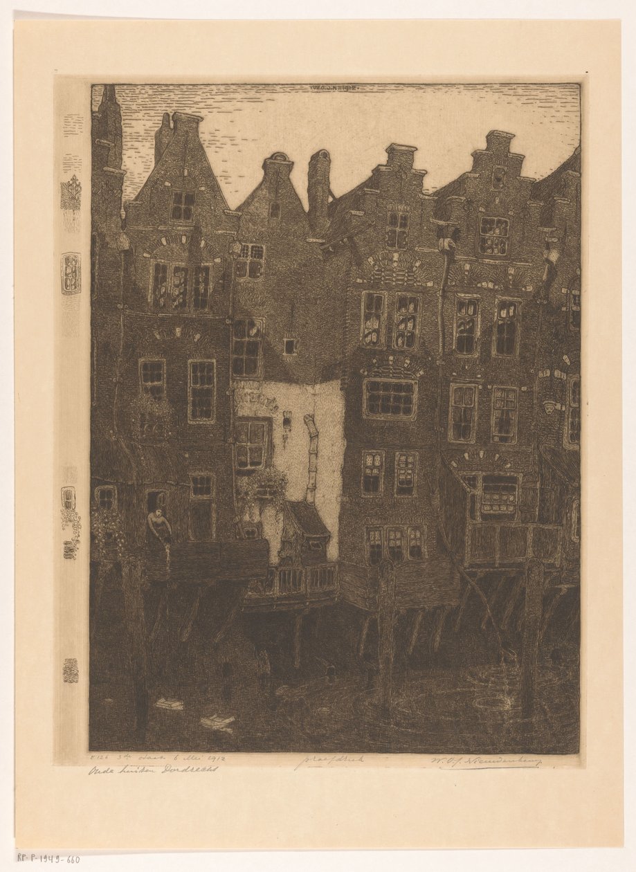 Dordrecht'teki Voorstraatshaven'deki evler Kanal, Dordrecht (orijinal adı) Eski evler, Dordrecht (nesne üzerindeki başlık) by Wijnand Otto Jan Nieuwenkamp (signed by artist)