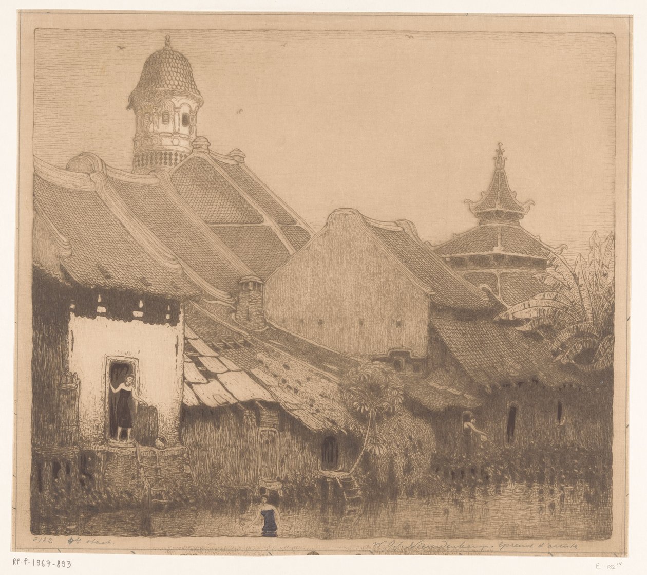 Semarang'da su üzerindeki evler Kampong'da, Semarang (orijinal başlık) by Wijnand Otto Jan Nieuwenkamp (signed by artist)