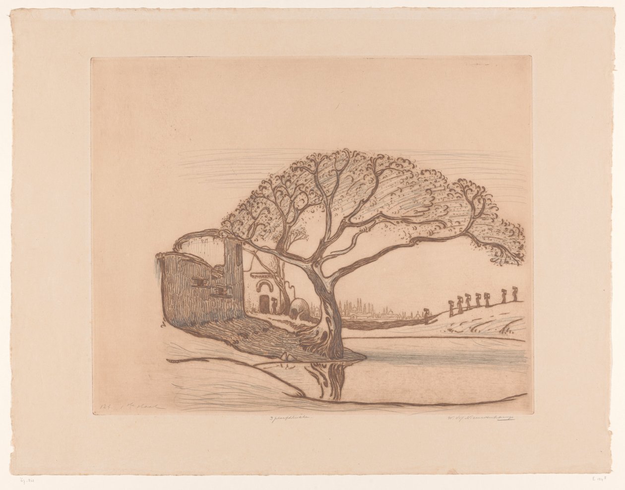 Evler, gölet başında ağaçlar ve başlarında su testisi olan kadınlar Kahire yakınlarında (orijinal başlık) by Wijnand Otto Jan Nieuwenkamp (signed by artist)