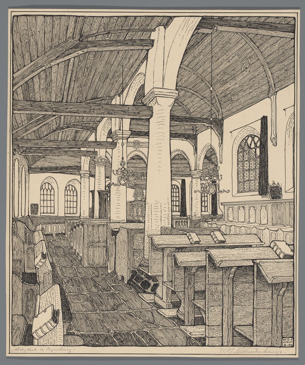 Rijnsburg'daki Abbey Kilisesi'nin içi by Wijnand Otto Jan Nieuwenkamp (signed by artist)