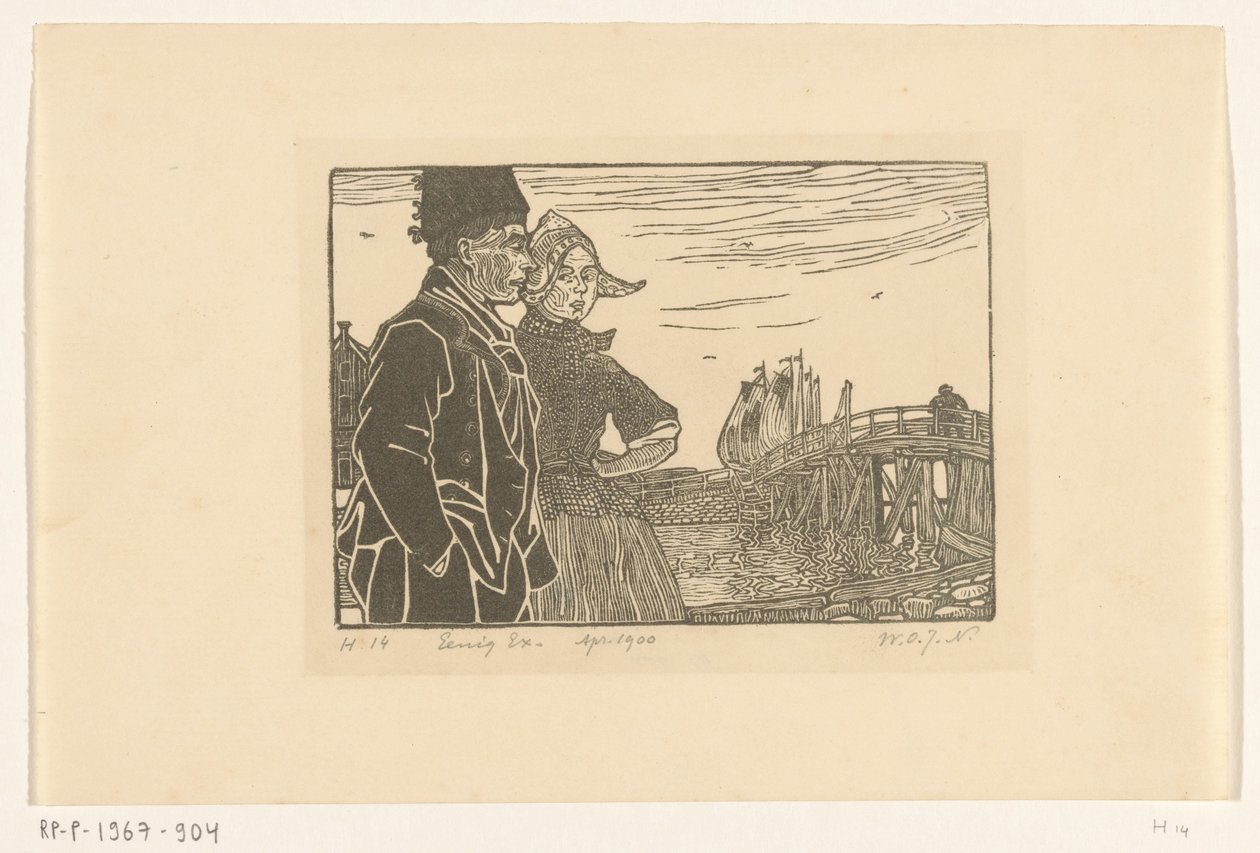 Volendam geleneksel kostümlü erkek ve kadın Çift (orijinal başlık) by Wijnand Otto Jan Nieuwenkamp (signed by artist)