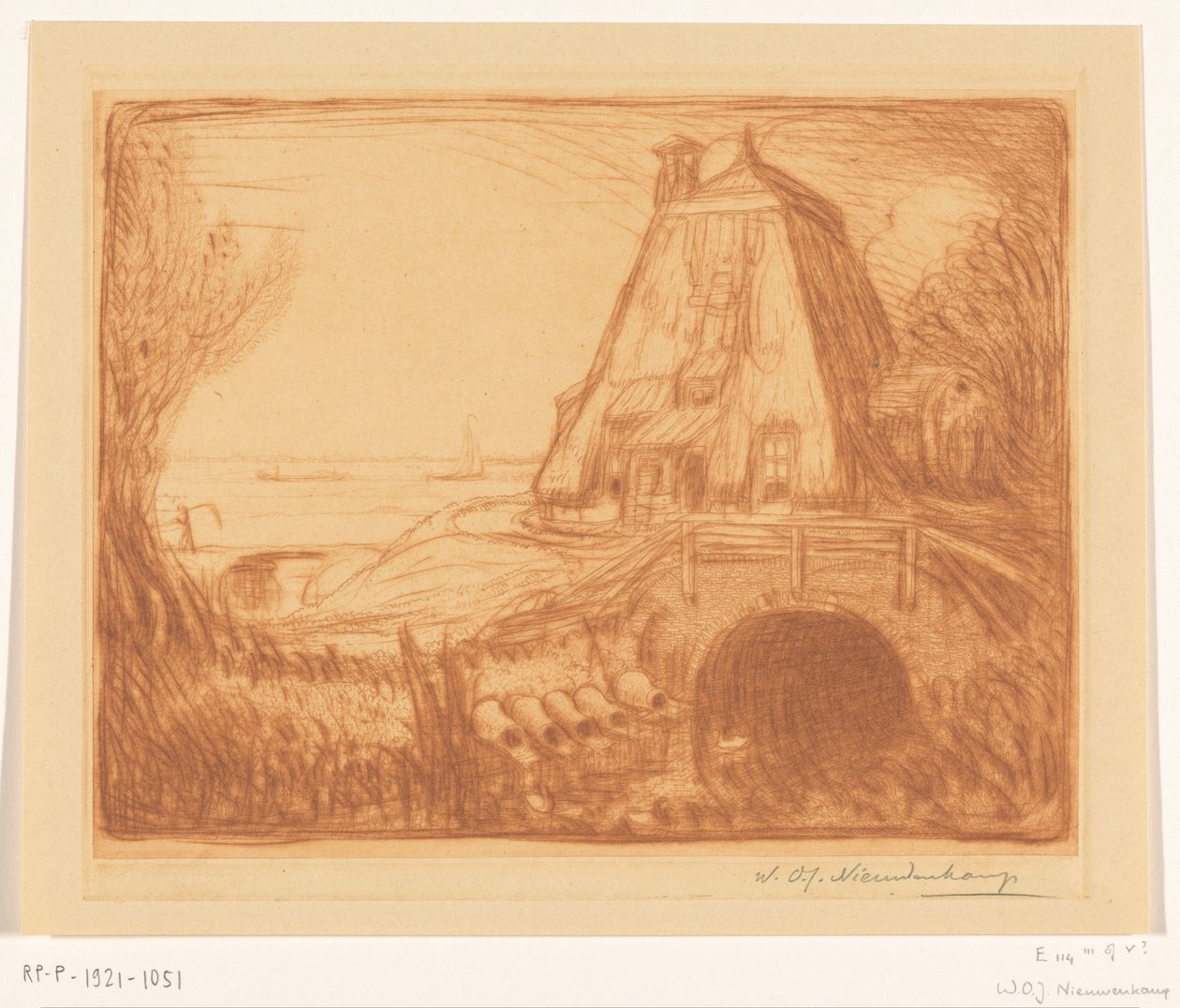 Gouda yakınlarındaki bir su değirmeninin tabanı Eski su değirmeni (orijinal adı) by Wijnand Otto Jan Nieuwenkamp (signed by artist)