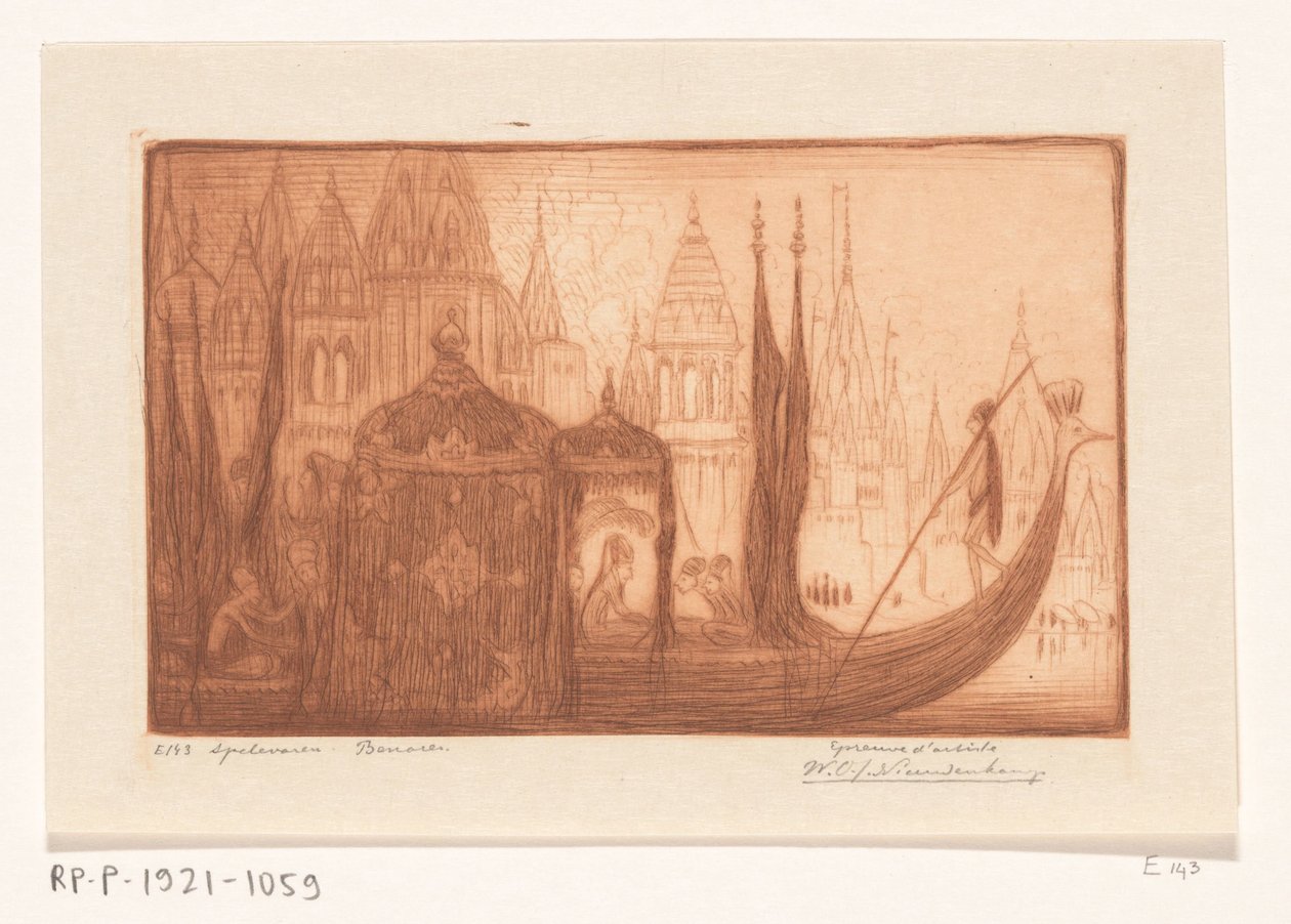 Benares Spelevaren, Benares'te Ganj Nehri üzerinde eğlence teknesi (orijinal başlık) by Wijnand Otto Jan Nieuwenkamp (signed by artist)
