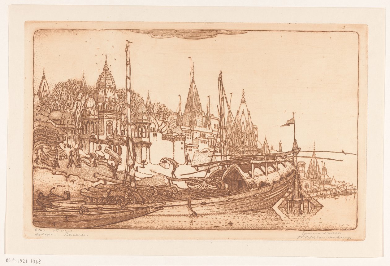 Yakacak odunla gemi Benares'te Ganj kıyısında Yakacak odunla gemi, Benares (orijinal başlık) Gemiler, Benares (nesne üzerindeki başlık) by Wijnand Otto Jan Nieuwenkamp (signed by artist)
