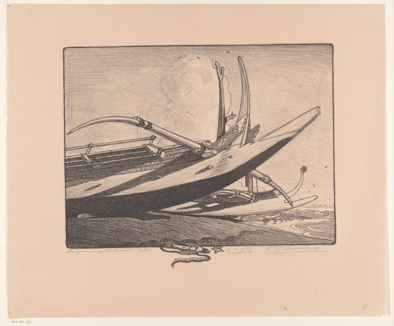 Sahilde kanatlı kano - Bali (nesnedeki orijinal başlık) by Wijnand Otto Jan Nieuwenkamp (signed by artist)