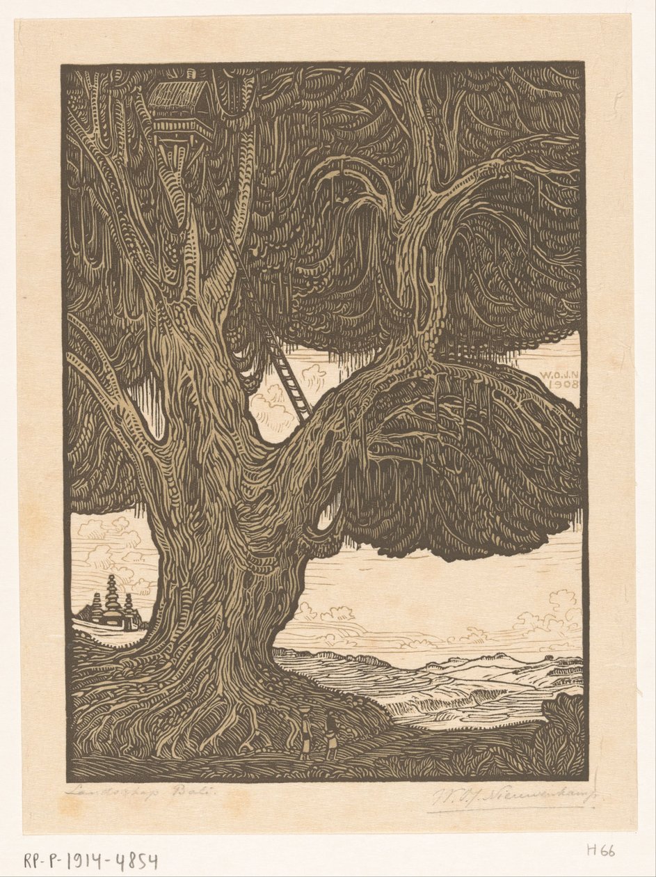 Bali'nin güneyinde ağaç ev ile Waringin Nöbetçi evi, Güney Bali (orijinal başlık) Manzara Bali (nesne üzerindeki başlık) by Wijnand Otto Jan Nieuwenkamp (signed by artist)