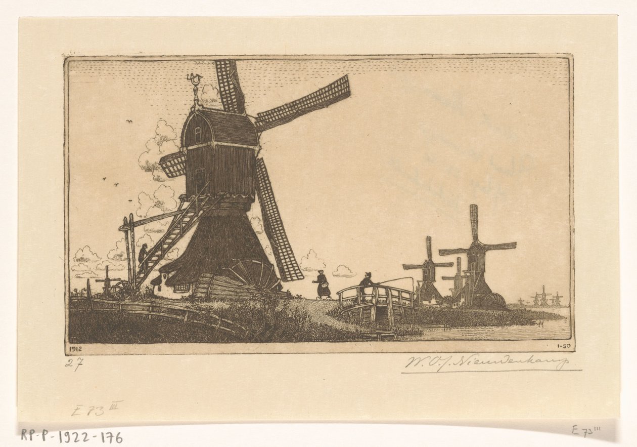 Gouda yakınlarındaki Haastrecht ve Schoonhoven Su Değirmenleri arasındaki Vlist'te Wipmolens (orijinal başlık) by Wijnand Otto Jan Nieuwenkamp (signed by artist)