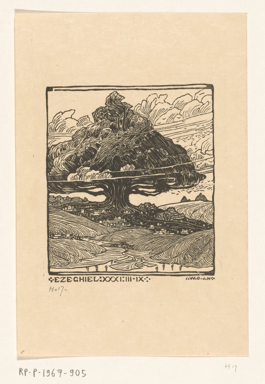 Dağ manzarasında bir sedir ağacının altındaki şehirler Dreamscape of Ezekiel (orijinal başlık) by Wijnand Otto Jan Nieuwenkamp