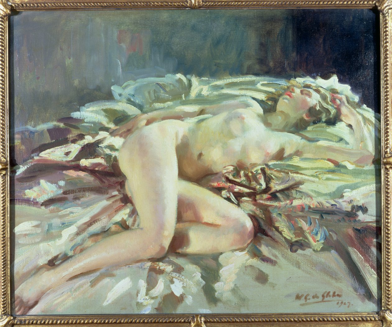 Bir yatakta uzanmış çıplak kadın by Wilfred Gabriel de Glehn