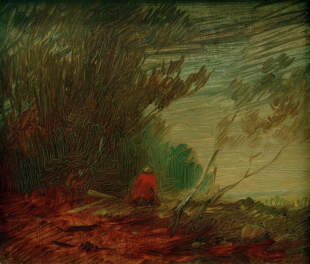 Oturan kırmızı ceketli ormanın sonbahar kenarı by Wilhelm Busch