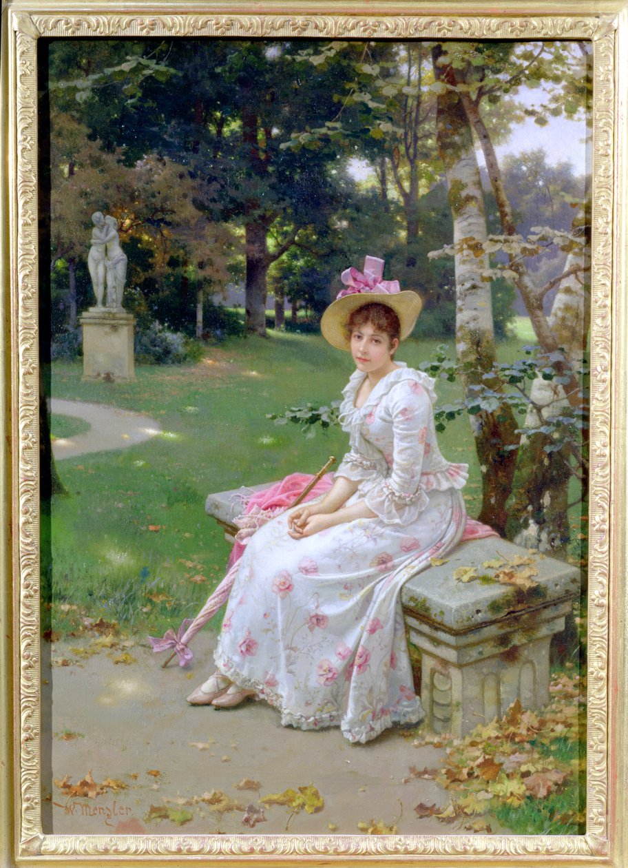 Şemsiyeyle Parkta Bankta Bekleyen Genç Kadın by Wilhelm Menzler