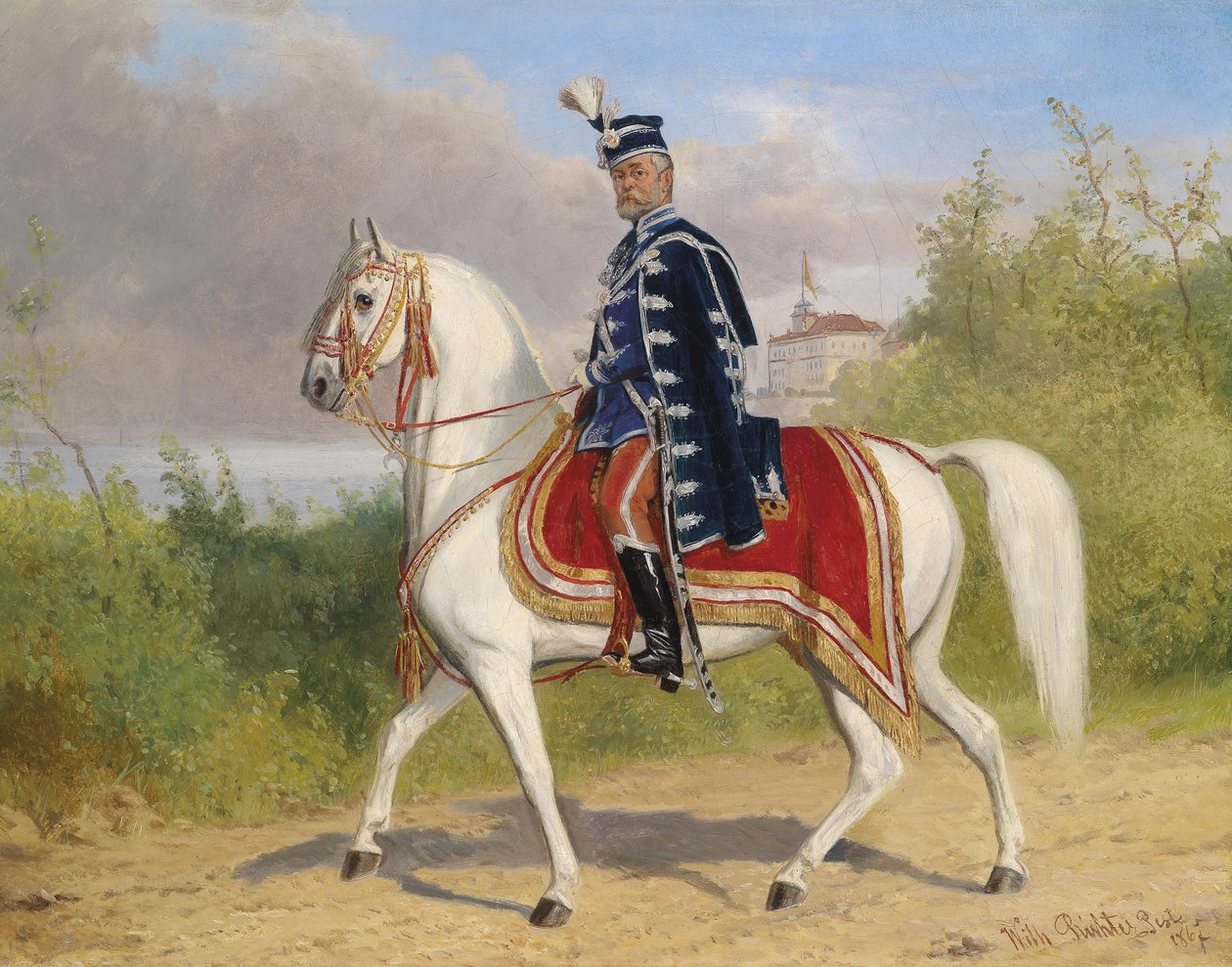 Ungarischer Adeliger (Mitglied der oberen Kammer) zu Pferde, im Hintergrund Schloss Acsa by Wilhelm Richter
