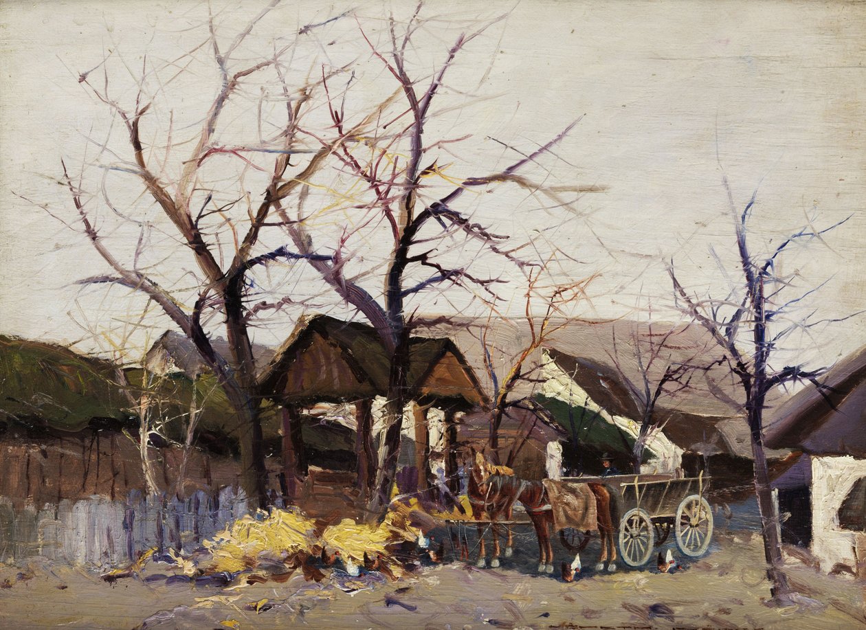 Çıplak ağaçların altında bir çiftçi köyünde at arabaları by Wilhelm Sprenger