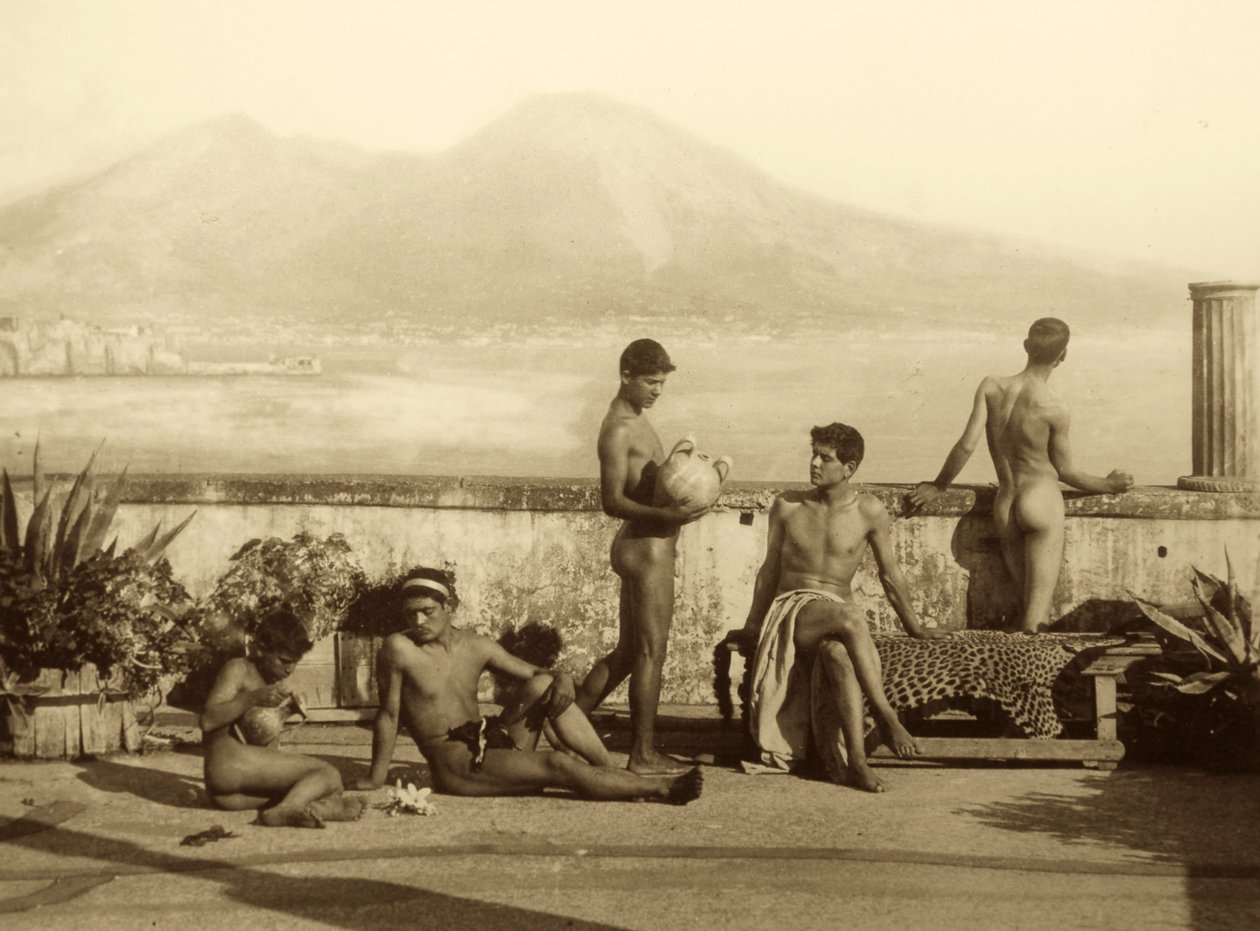 Klasik bir sahne, Tierra del Fuego, Güney Amerika. c.1899 (sepya fotoğraf) by Baron Wilhelm von Gloeden