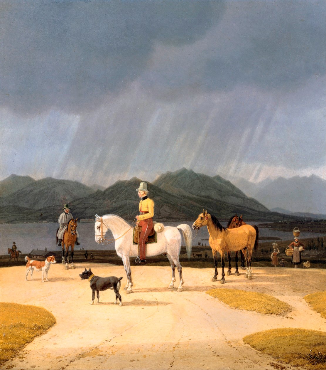 ""Cavaliers sur le lac Tegern Allemagne"" (Tegernsee'deki Biniciler) Peinture de Wilhelm Ritter von Kobell (1766-1853) 1832 Ahşap üzerine yağlı boya Dim 282x263 cm Devlet Müzeleri, Berlin by Wilhelm Alexander Kobell