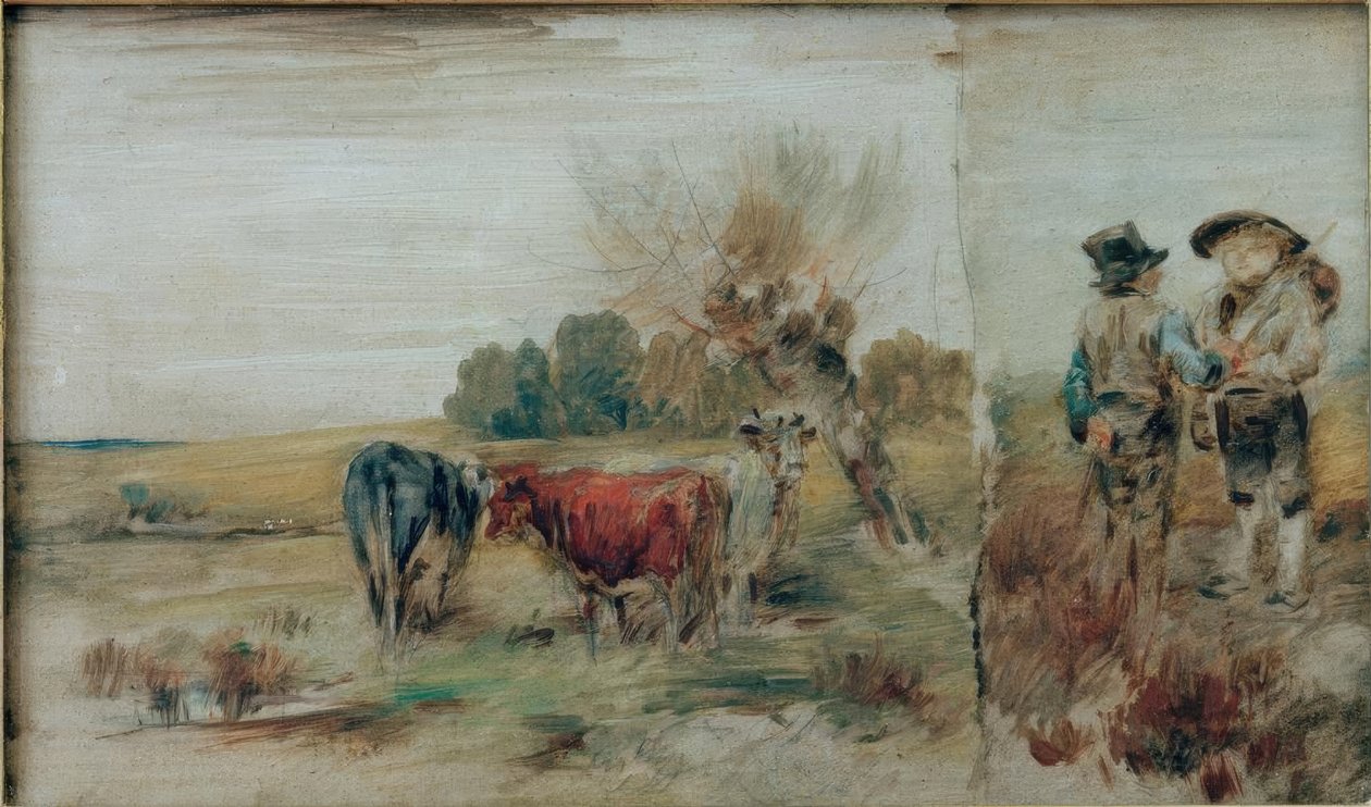 Çift görüntü: merada inekler, konuşan iki çiftçi by Wilhelm Busch