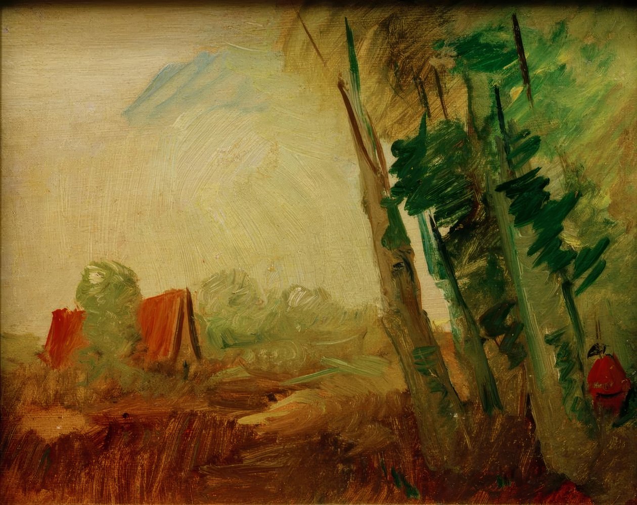 Sağdaki ormanın kenarından önceki tarladaki kırmızı ev by Wilhelm Busch