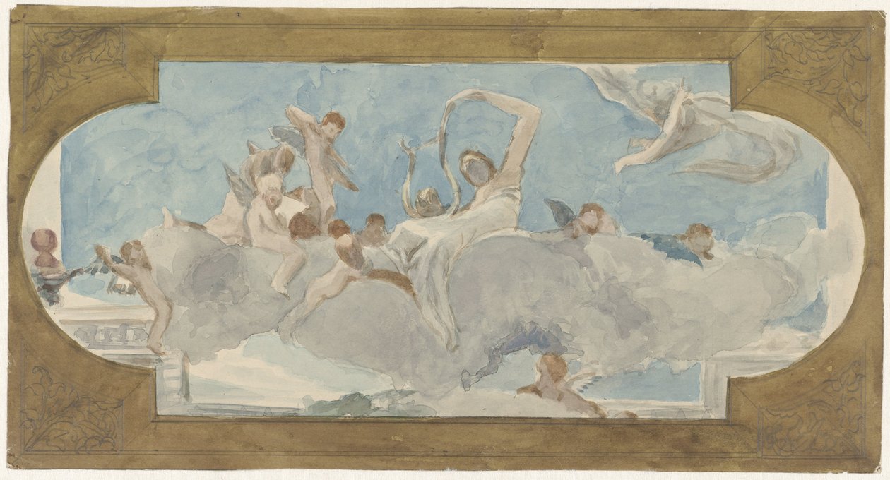 Bulutların üzerinde oturan figürlerle tavan boyama by Wilhelm Cornelis Bauer
