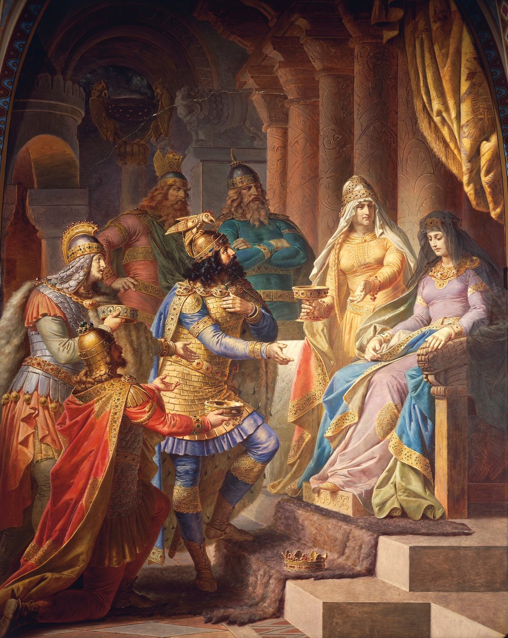 Gudrun, Gudrun Destanından Hunların Kralı Attila ile evlenmeye rıza gösterir, Yukarı Salon, c.1883-84 (duvar resmi) by Wilhelm Hauschild