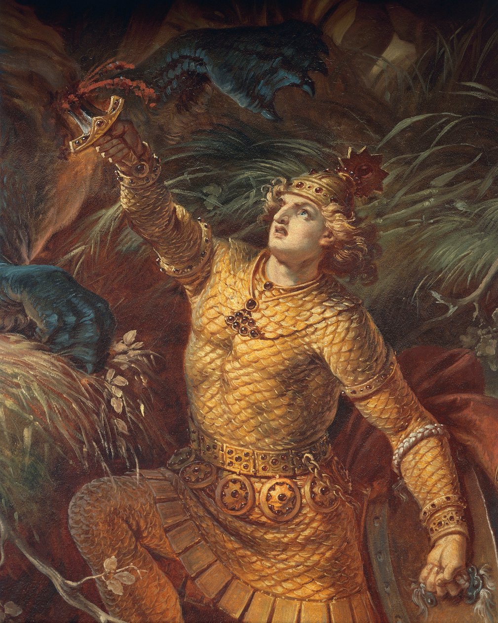 Sigurd, ejderha Fafuir'i Gram kılıcını tutarak öldürüyor, detay, Sigurd Saga'dan, Alt Salon, c.1882-83 (duvar resmi) (ayrıca bakınız 419035) by Wilhelm Hauschild