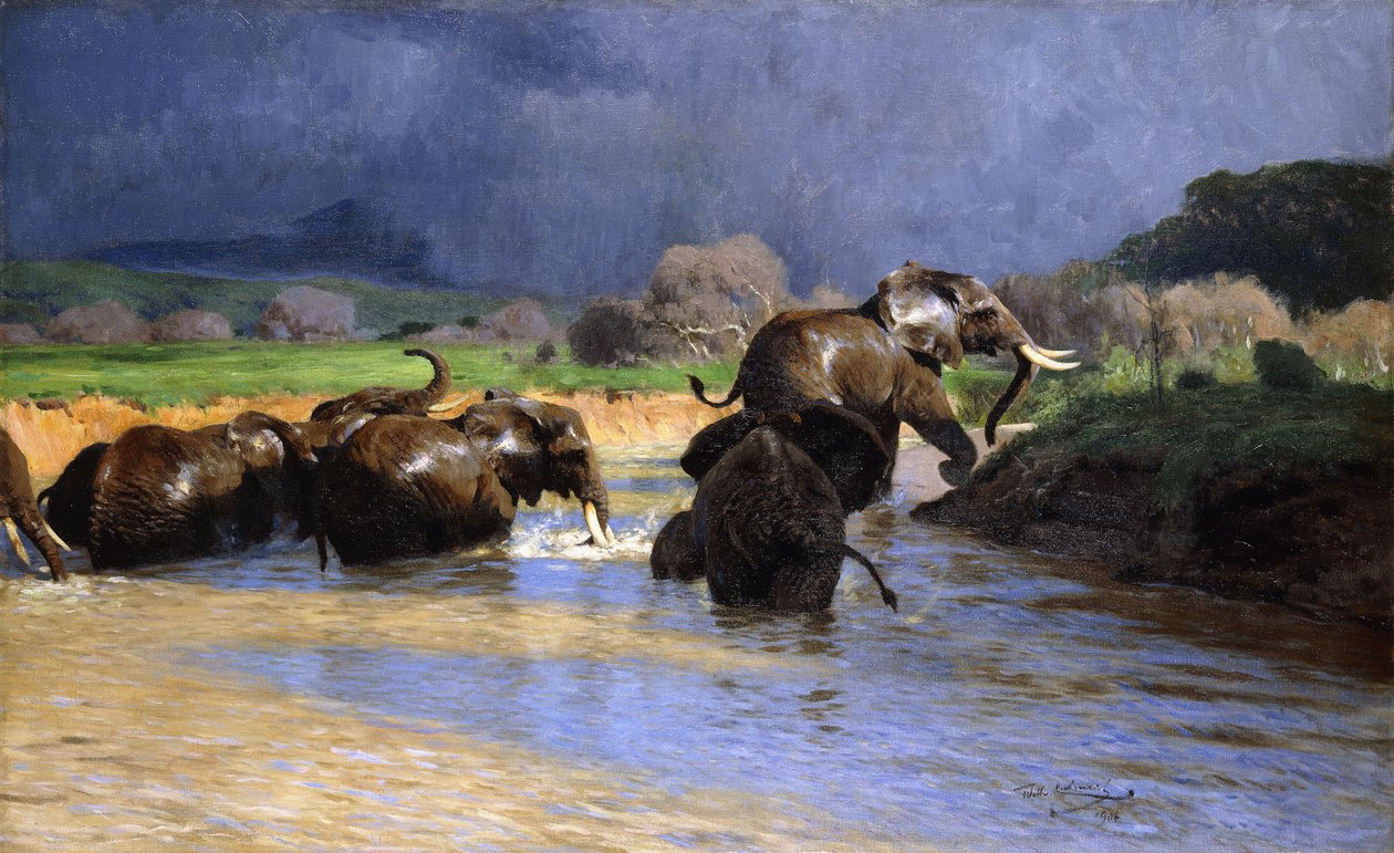 Fillerin Yıkanması; Yüzen Filler, 1908 by Wilhelm Kuhnert