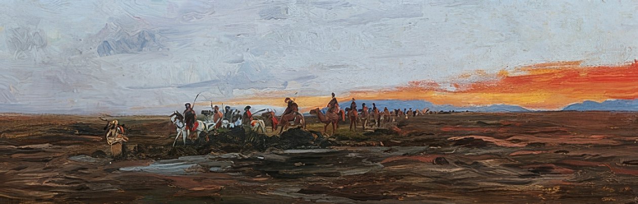 Su birikintisinde akşam ışığında karavan by Wilhelm Kuhnert