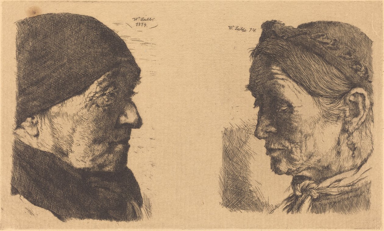 Sağdaki Profilde Yaşlı Bir Köylü Kadının Portresi ve Kapalı Gözlü Köylü Kadın by Wilhelm Maria Hubertus Leibl
