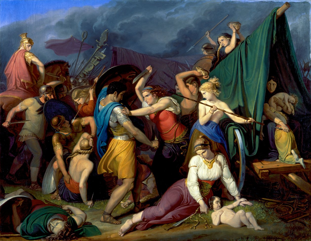 Cimbri kadınları vagon kalelerini Romalılara karşı savunurken by Wilhelm Lindenschmit der Ältere
