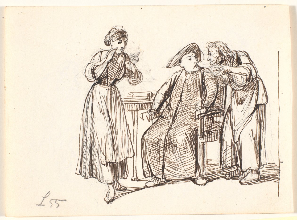 Bir babayla konuşan yaşlı bir kadın, t.v. genç kadın by Wilhelm Marstrand