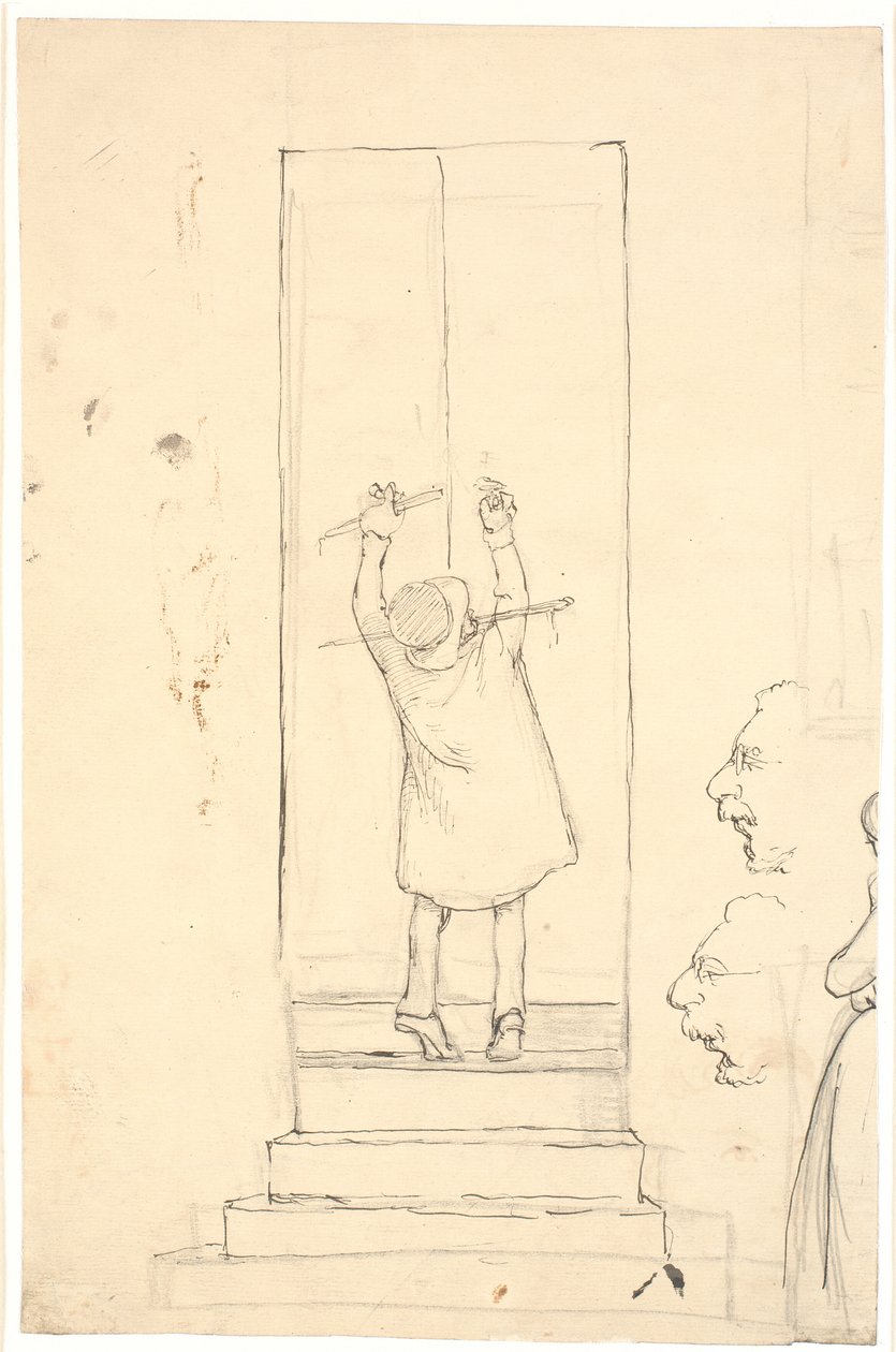 Küçük bir adam bir kapıyı çarparak açmak için parmak uçlarında duruyor. Profillerin ve kadının çizikleri by Wilhelm Marstrand