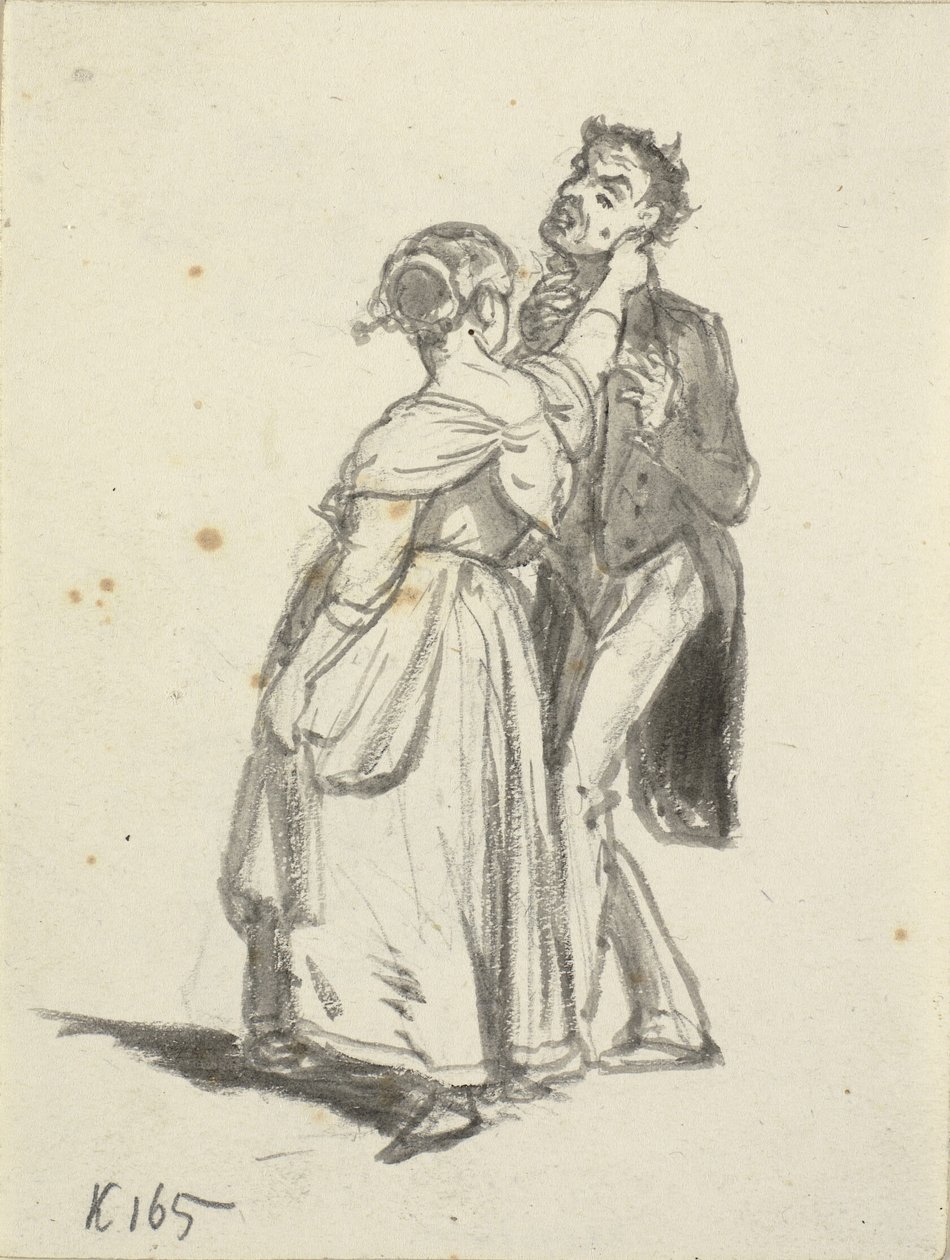Bir kız bir erkeğin kulağına çeker by Wilhelm Marstrand