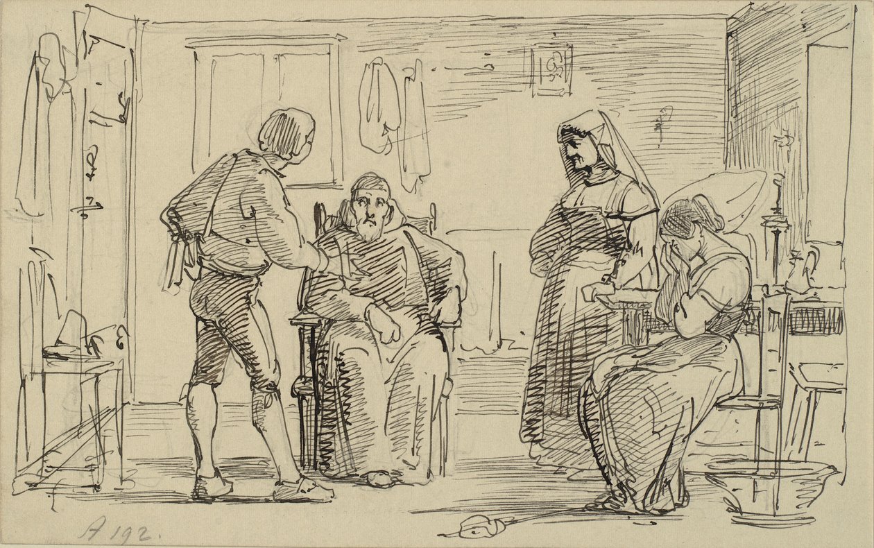 Genç bir adamın oturmuş bir keşişe bir şey açıkladığı iç mekan, ör. ağlayan kız ve yaşlı karısı by Wilhelm Marstrand