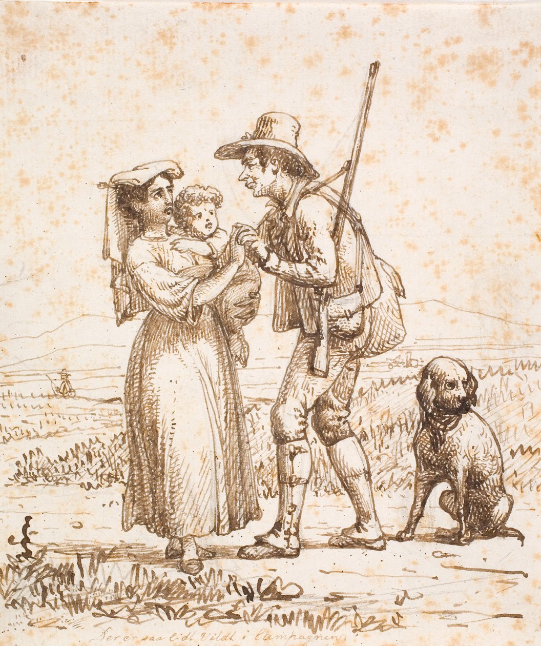 Eşi ve çocuğu tarafından alınan köpekle İtalyan avcı by Wilhelm Marstrand